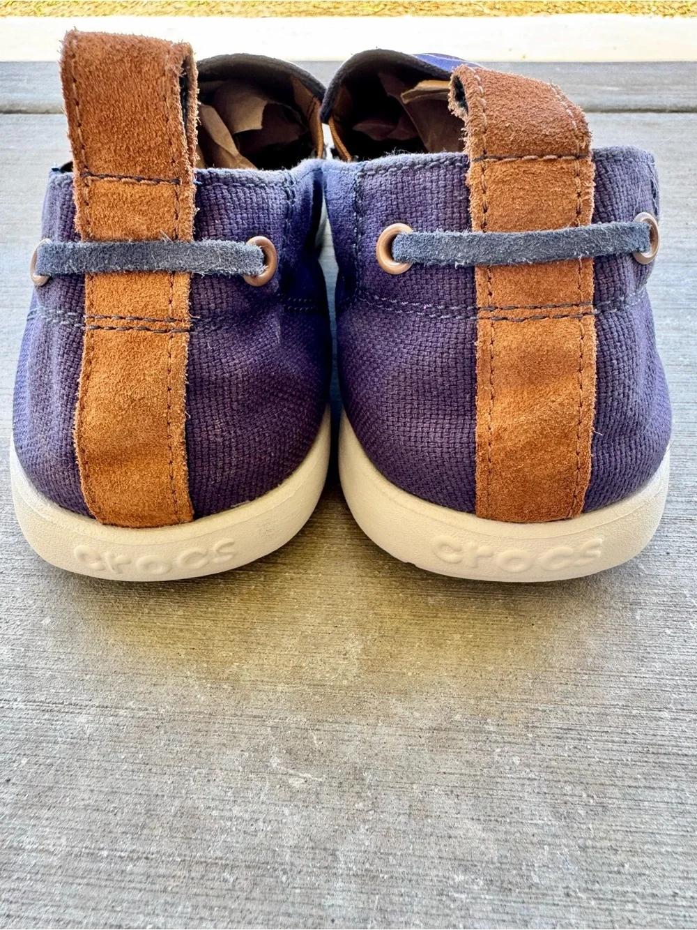 CROCS Men’s Walu Navy and Brown Canvas Slip-On Loafer - Picture 7 of 8